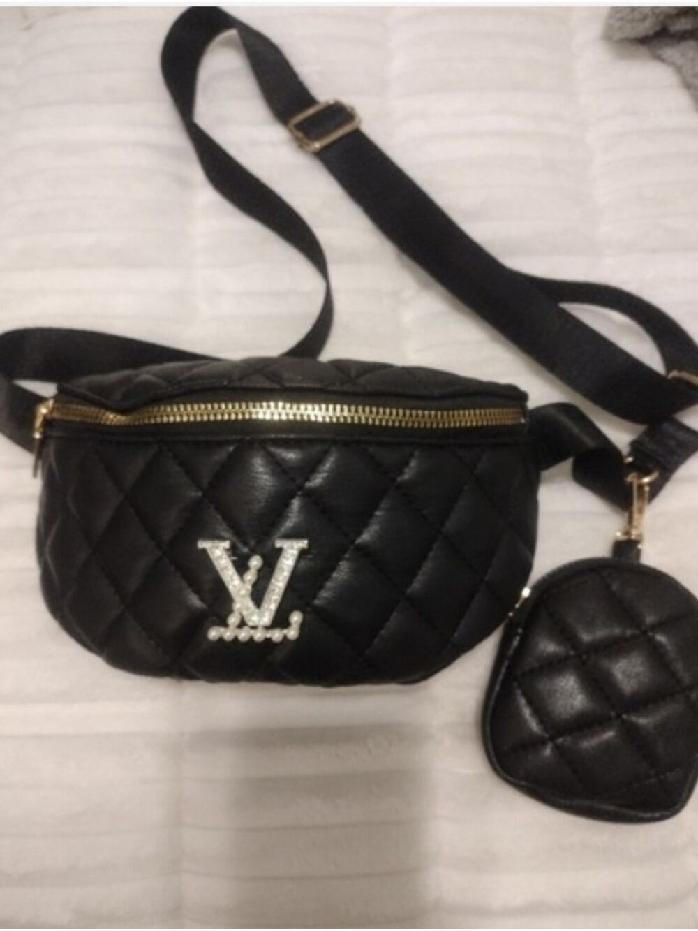 Designer Inspired Quilted Black Leather Crossbody Belt Bag with Coin Pouch